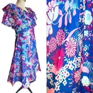Vintage 60s Vibrant Chiffon Floral Ruffle Midi Dress